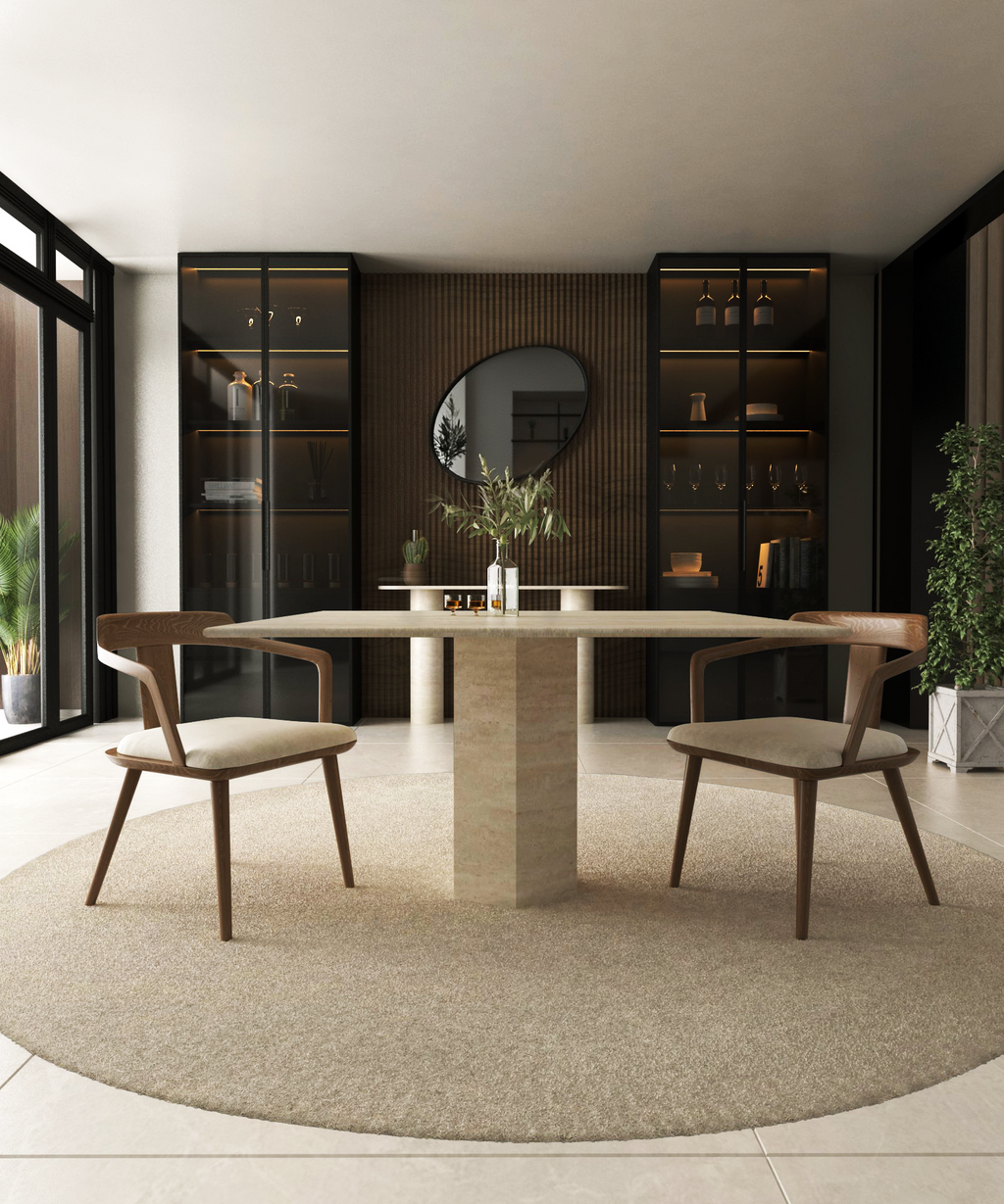 Square Travertine Dining Table with Hexagonal Center Base