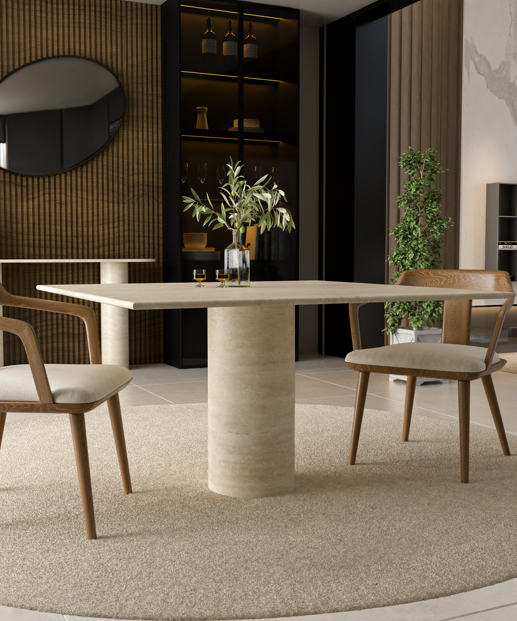 Square Travertine Dining Table with Cylindrical Center Base