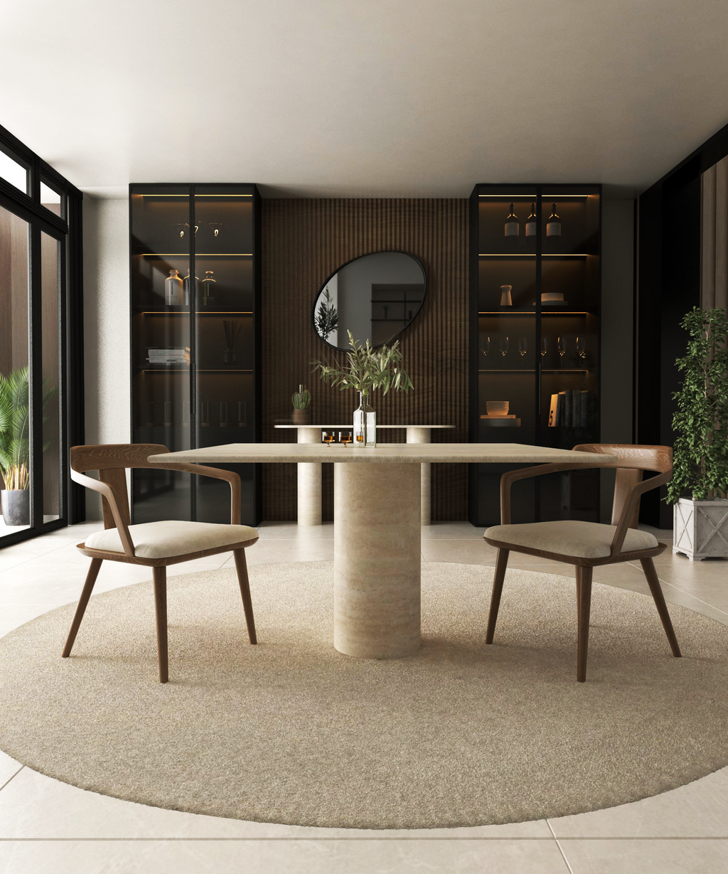 Square Travertine Dining Table with Cylindrical Center Base