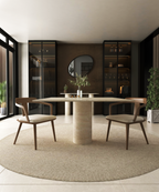 Square Travertine Dining Table with Cylindrical Center Base