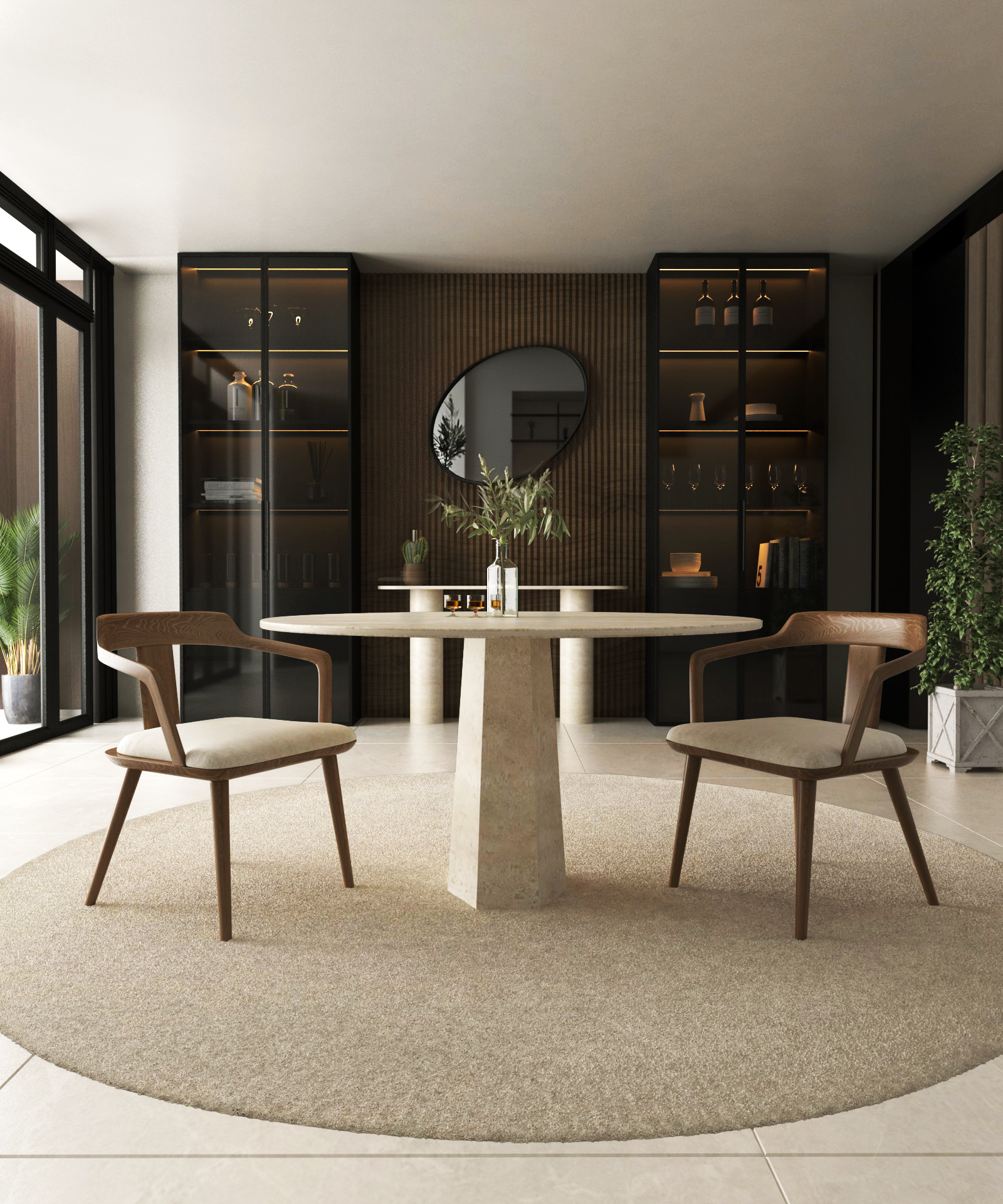 Round Travertine Dining Table with Tareped Center Base