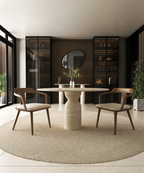 Round Travertine Dining Table with Sculptural Round Center Base