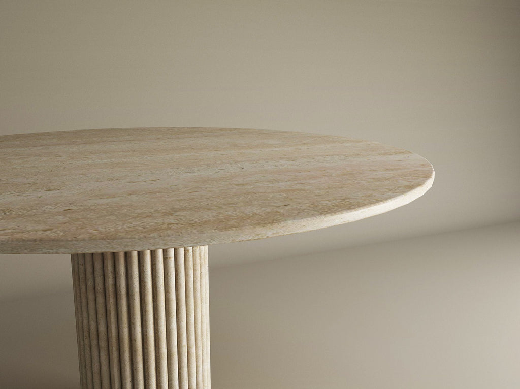 Round Travertine Dining Table with Fluted Round Center Base – Solid Travertine Stone – Customizable Dining Table