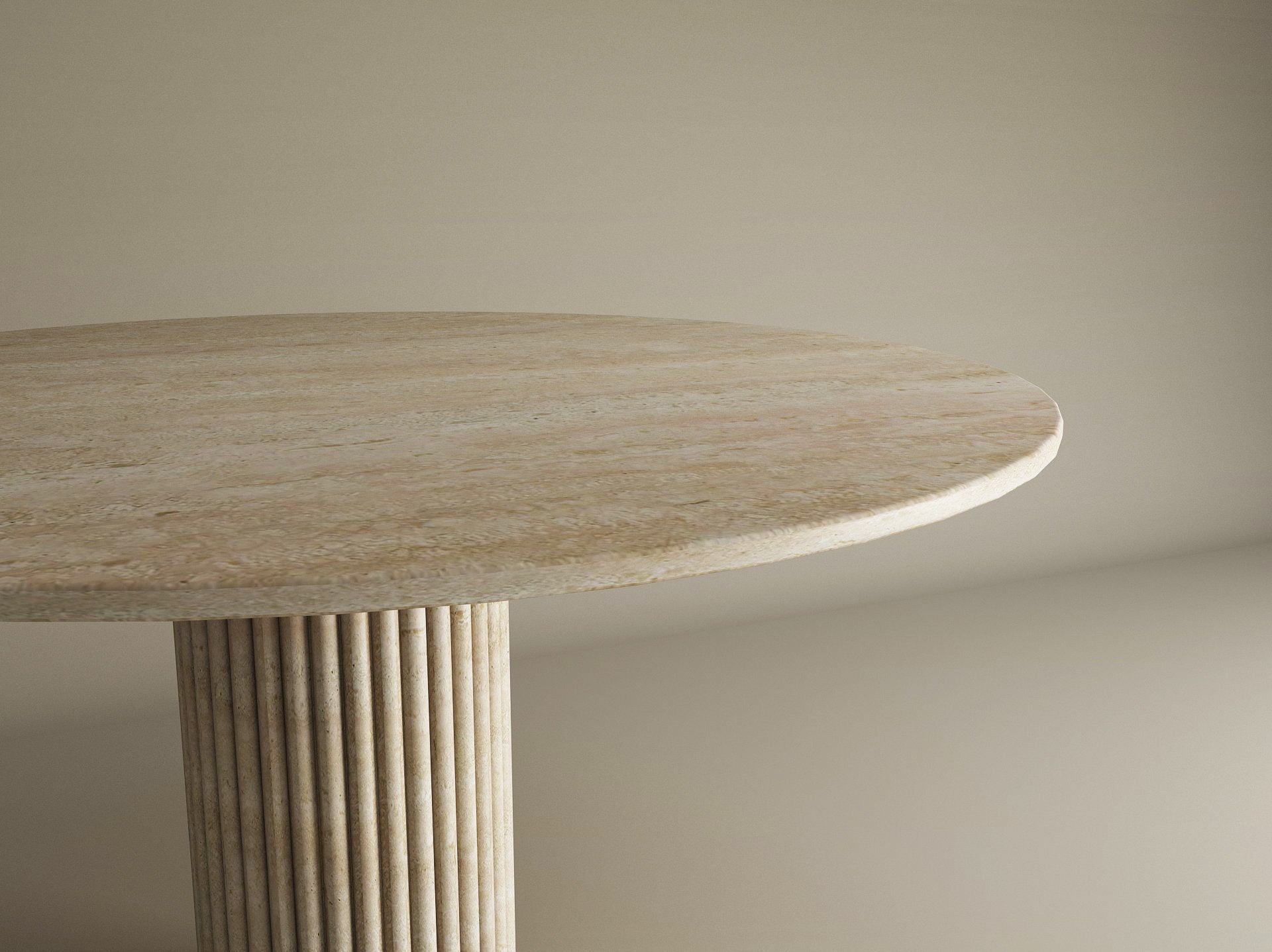 Round Travertine Dining Table with Fluted Round Center Base – Solid Travertine Stone – Customizable Dining Table