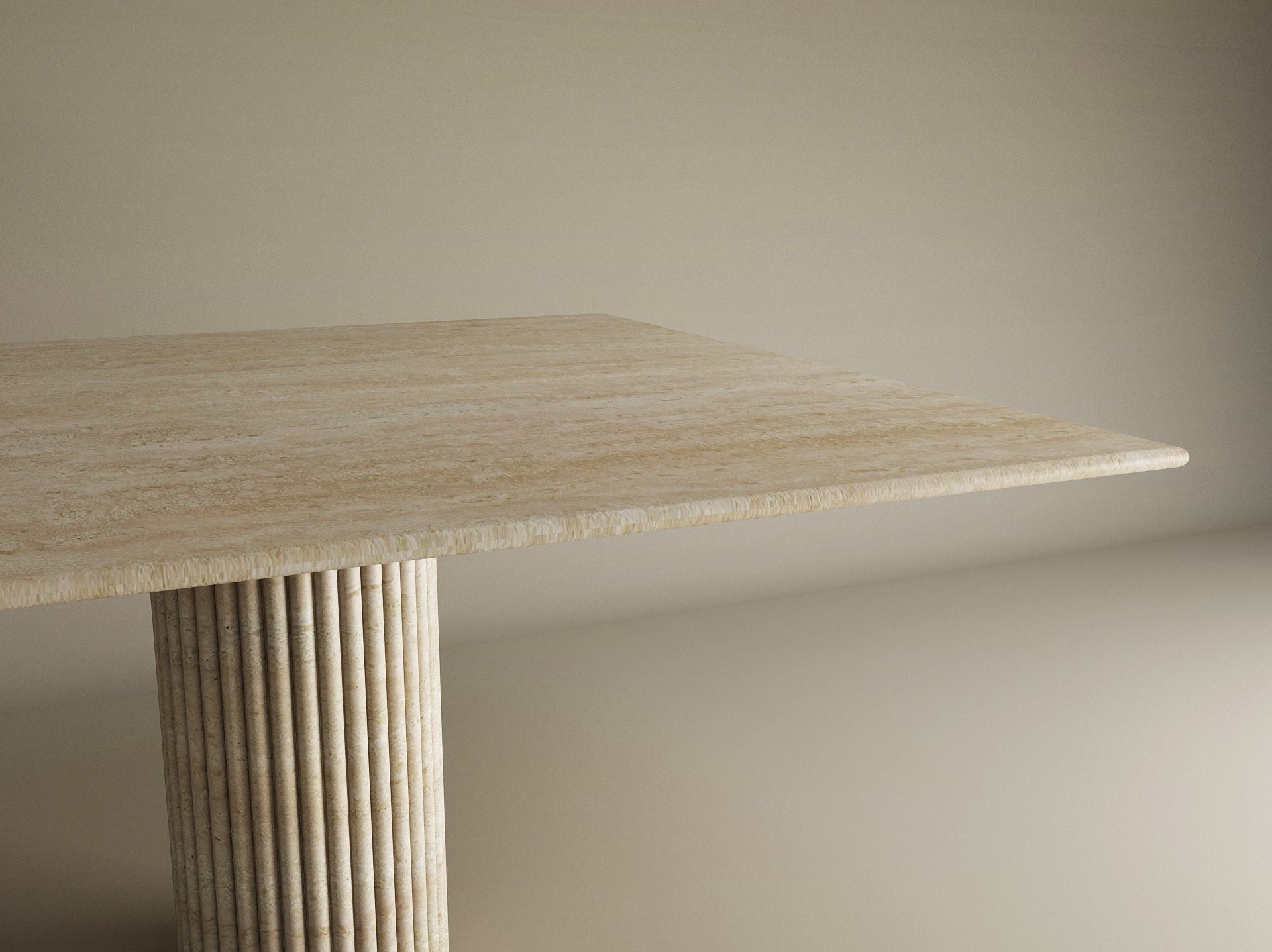 Square Travertine Dining Table with Fluted Round Center Base