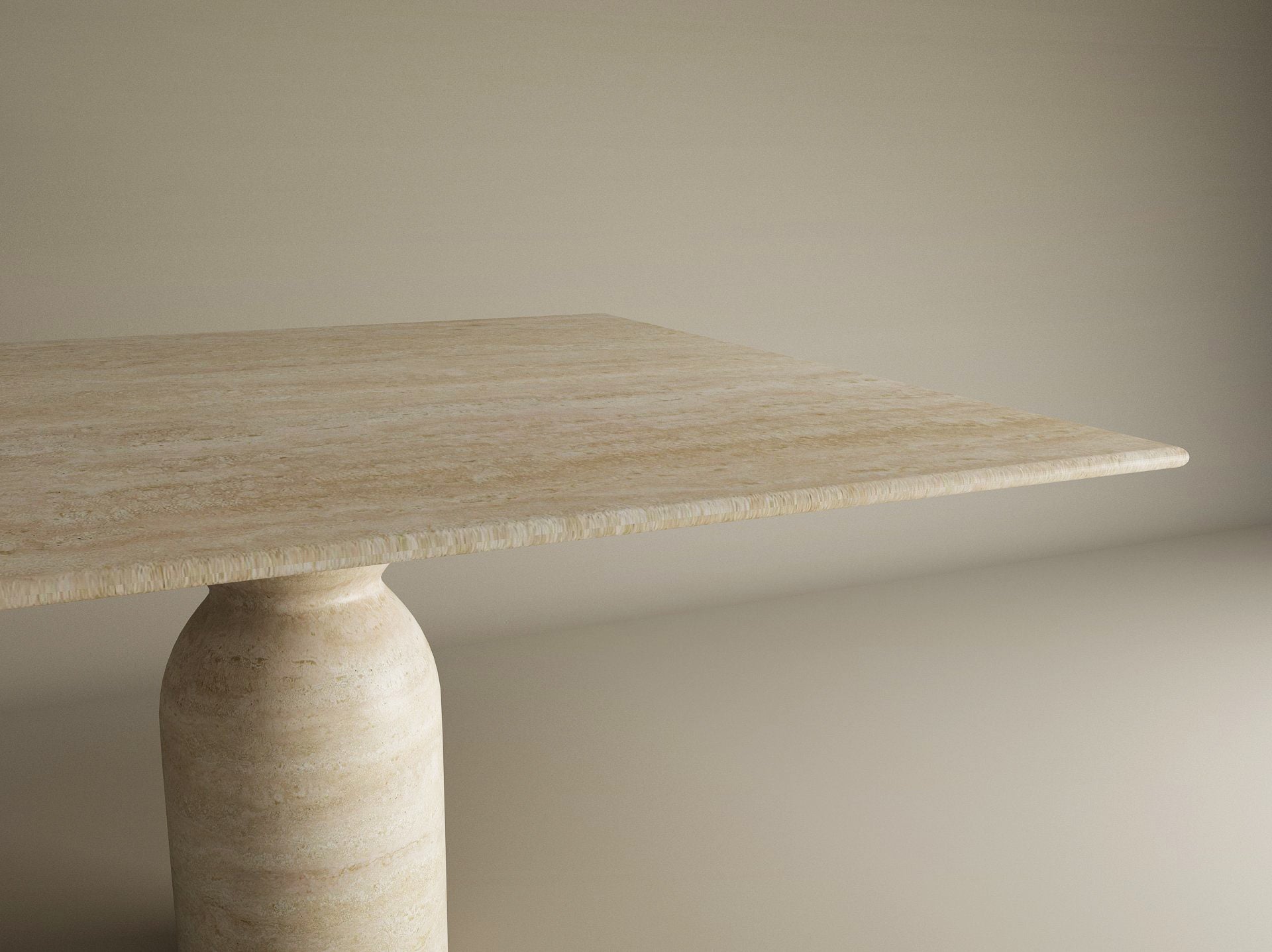 Square Travertine Dining Table with Sculptural Round Center Base