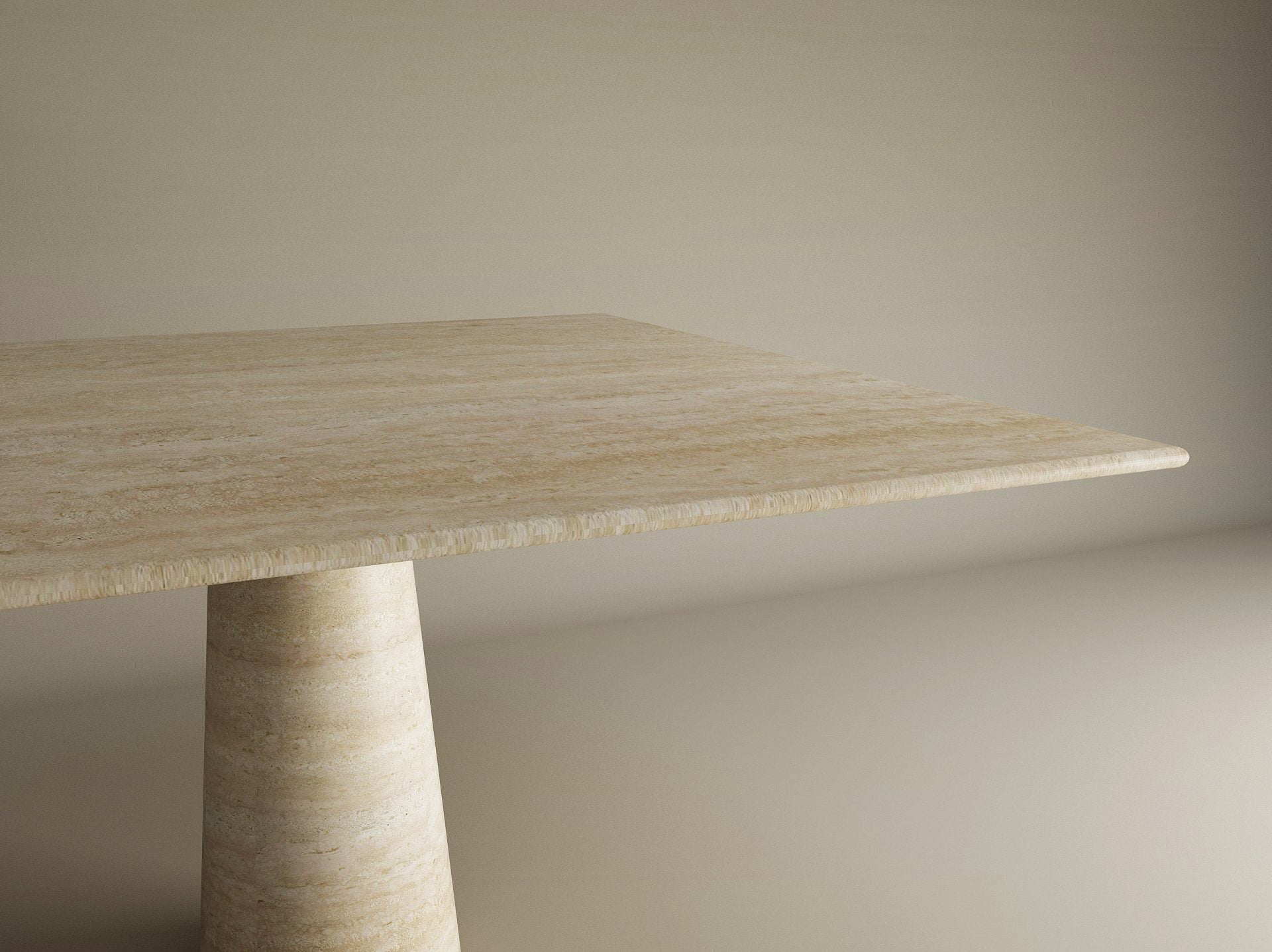 Square Travertine Dining Table with Conical Pedestal Base