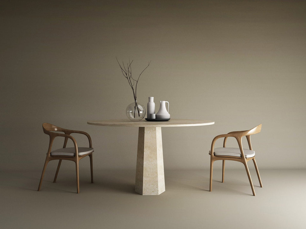 Round Travertine Dining Table with Tareped Center Base