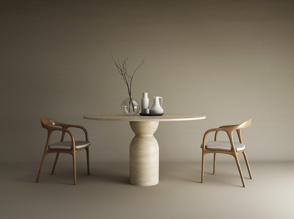 Round Travertine Dining Table with Sculptural Round Center Base