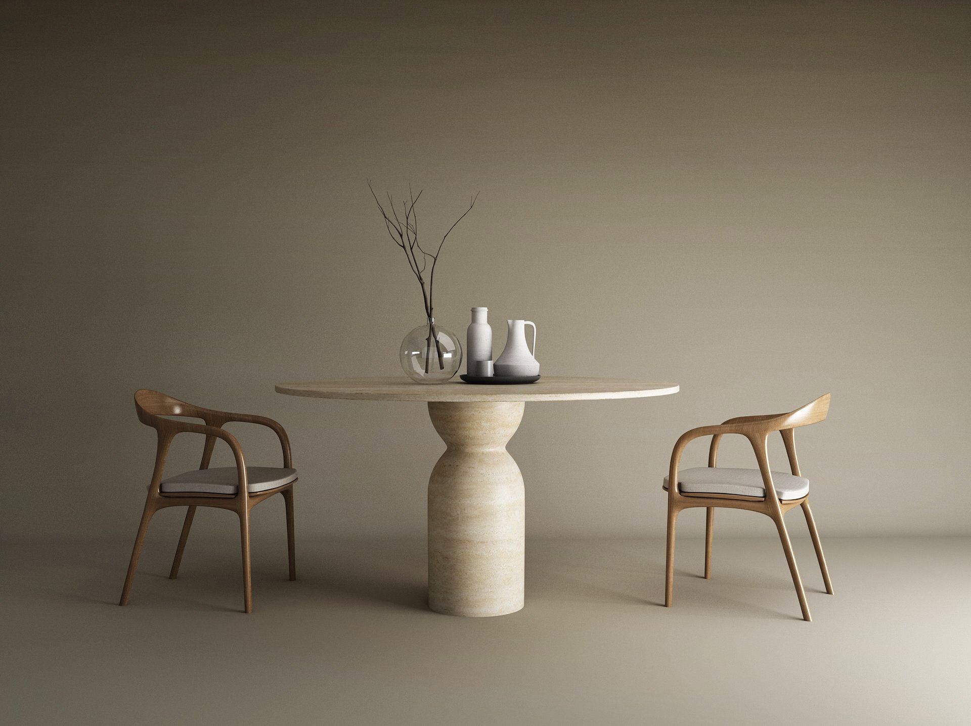 Round Travertine Dining Table with Sculptural Round Center Base