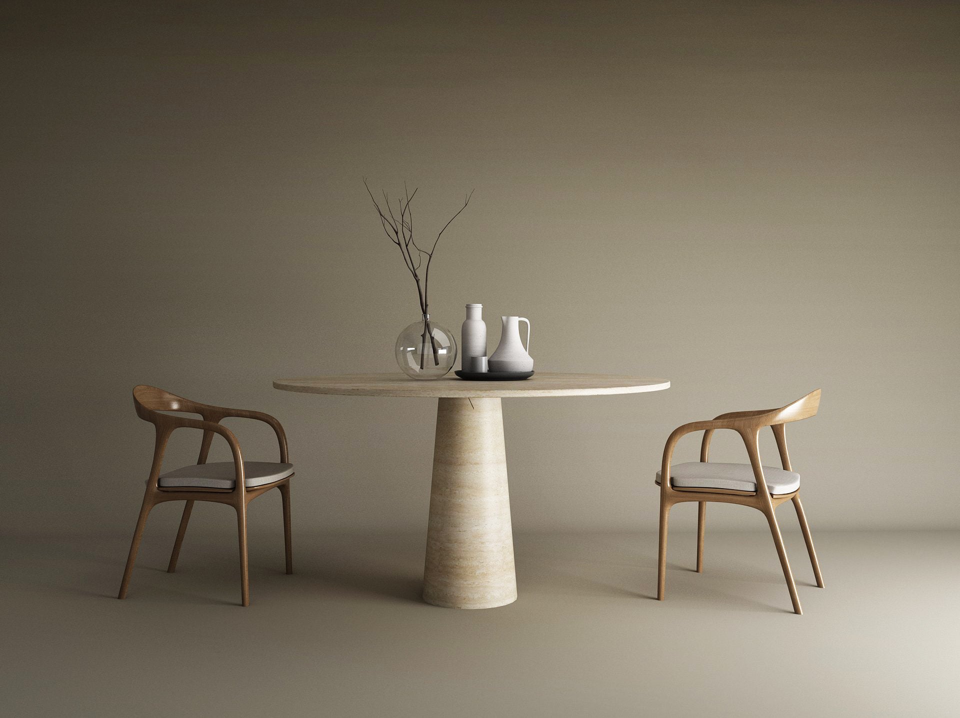 Round Travertine Dining Table with Conical Center Base
