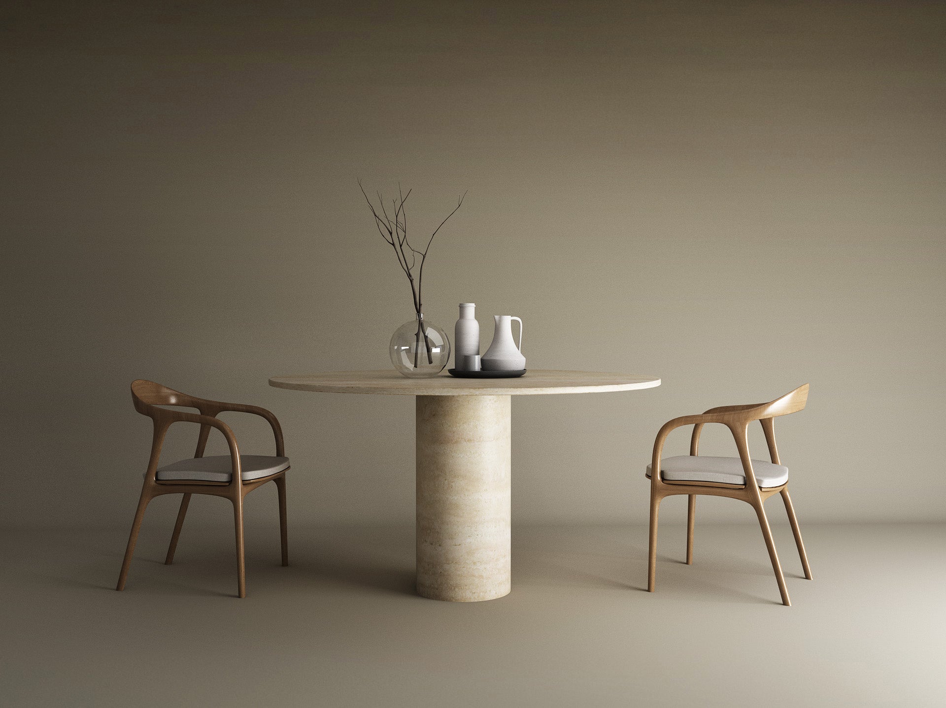 Round Travertine Dining Table with Cylindrical Center Base