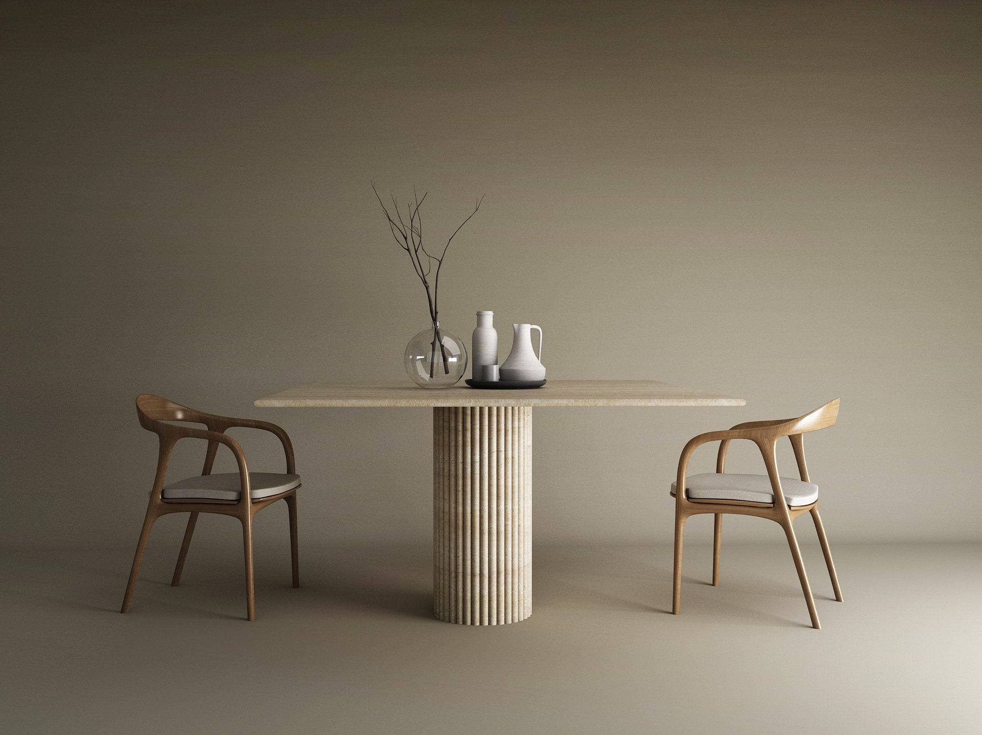Square Travertine Dining Table with Fluted Round Center Base