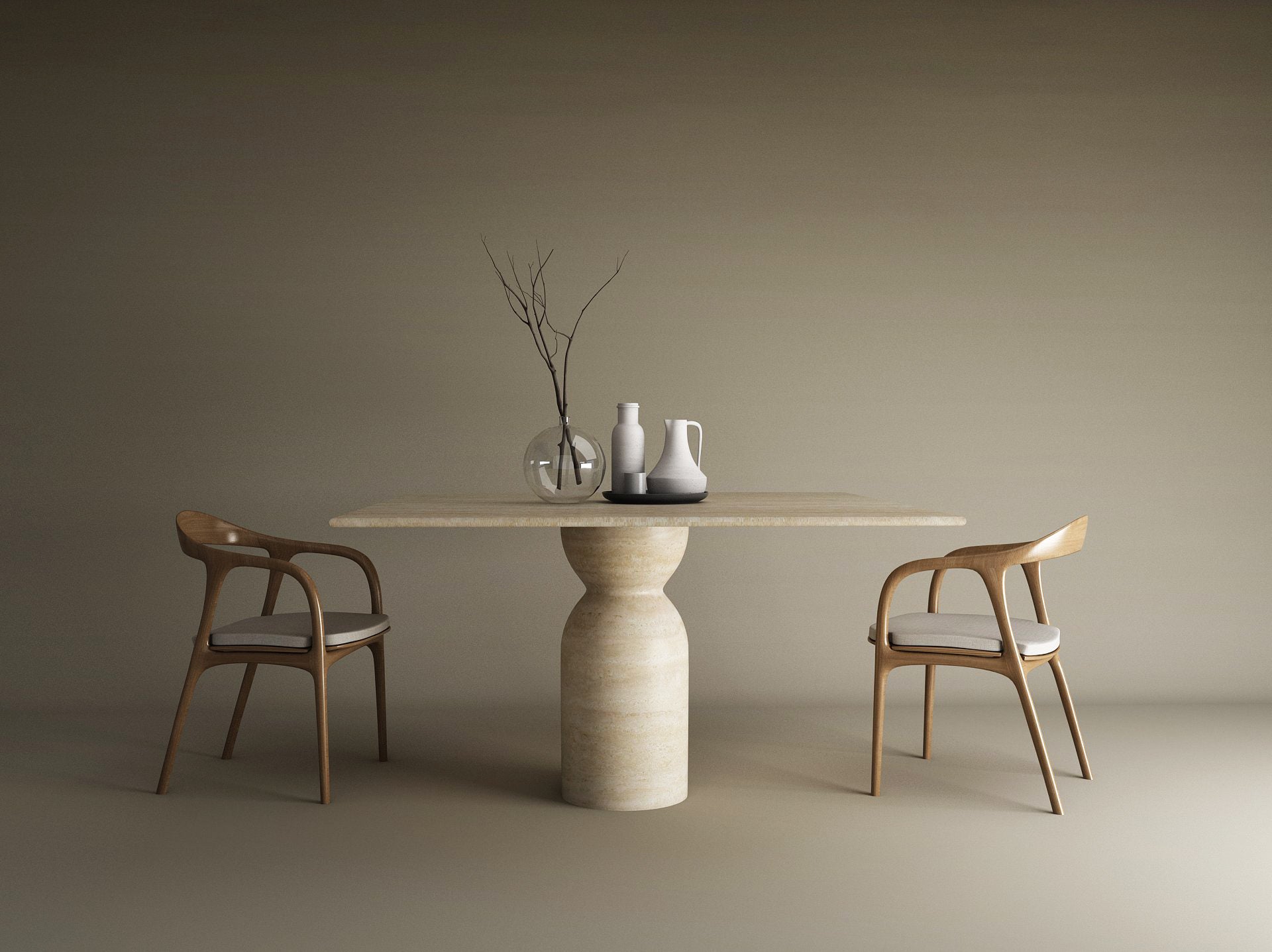 Square Travertine Dining Table with Sculptural Round Center Base