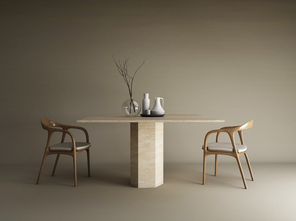 Square Travertine Dining Table with Hexagonal Center Base