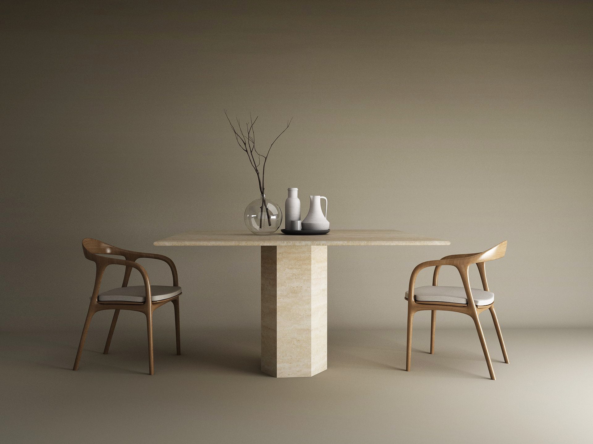 Square Travertine Dining Table with Hexagonal Center Base