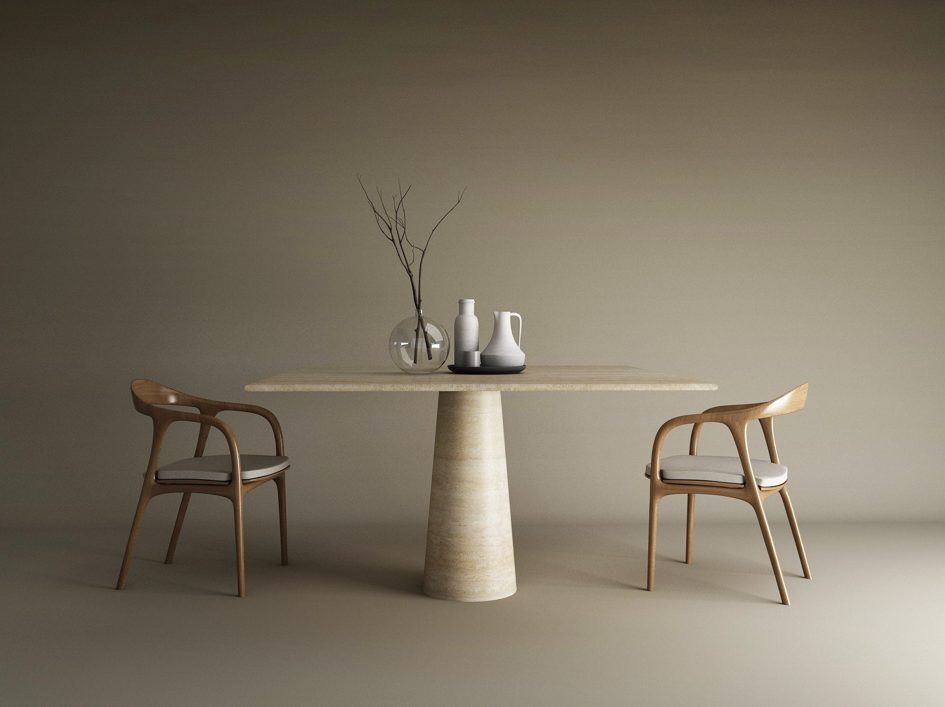 Square Travertine Dining Table with Conical Pedestal Base
