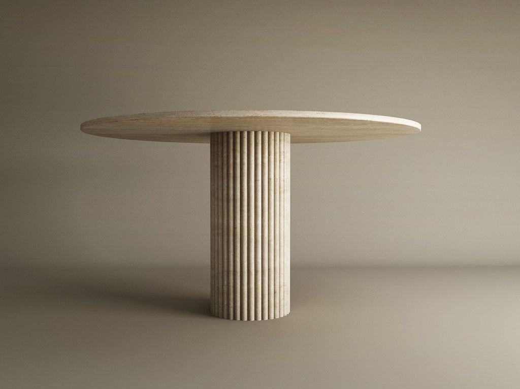 Round Travertine Dining Table with Fluted Round Center Base – Solid Travertine Stone – Customizable Dining Table