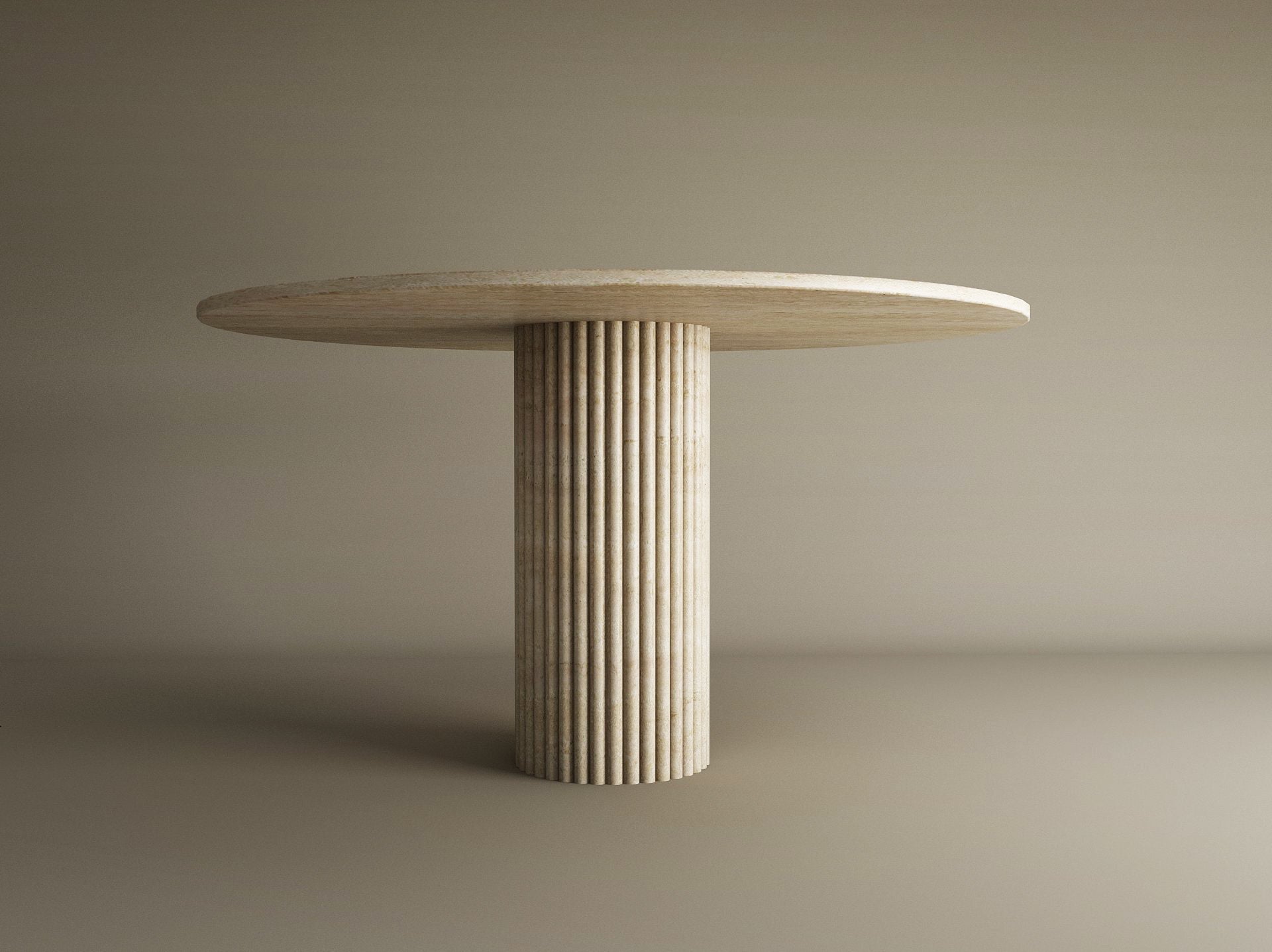 Round Travertine Dining Table with Fluted Round Center Base – Solid Travertine Stone – Customizable Dining Table