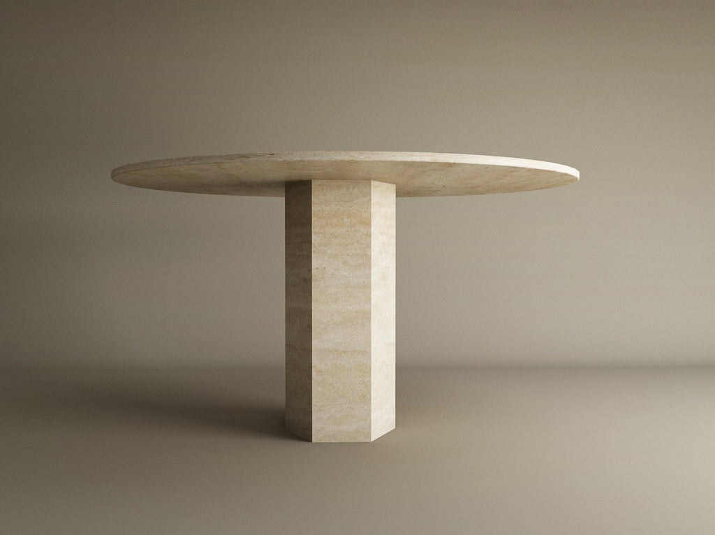 Round Travertine Dining Table with Sculptural Round Center Base