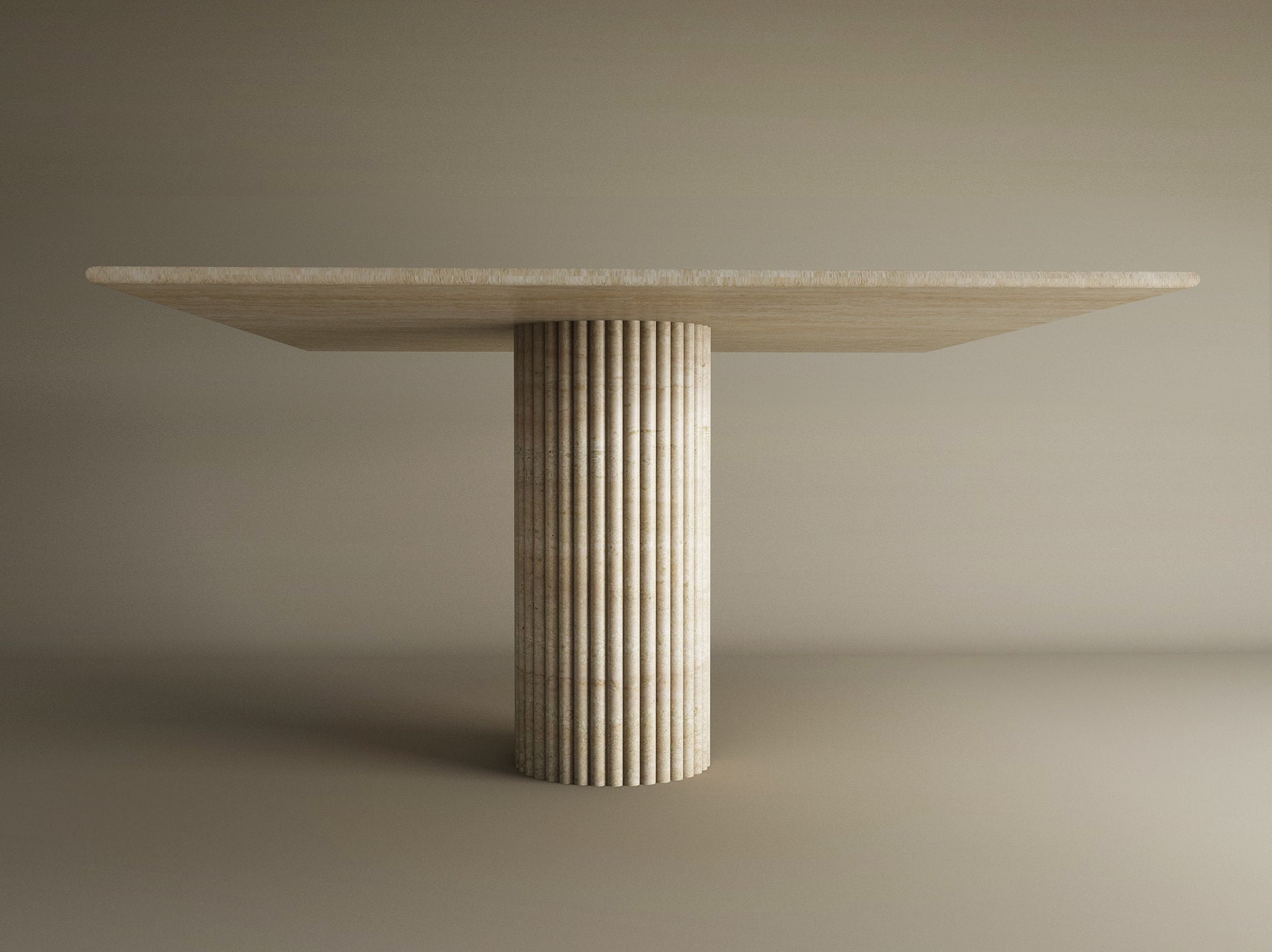 Square Travertine Dining Table with Fluted Round Center Base