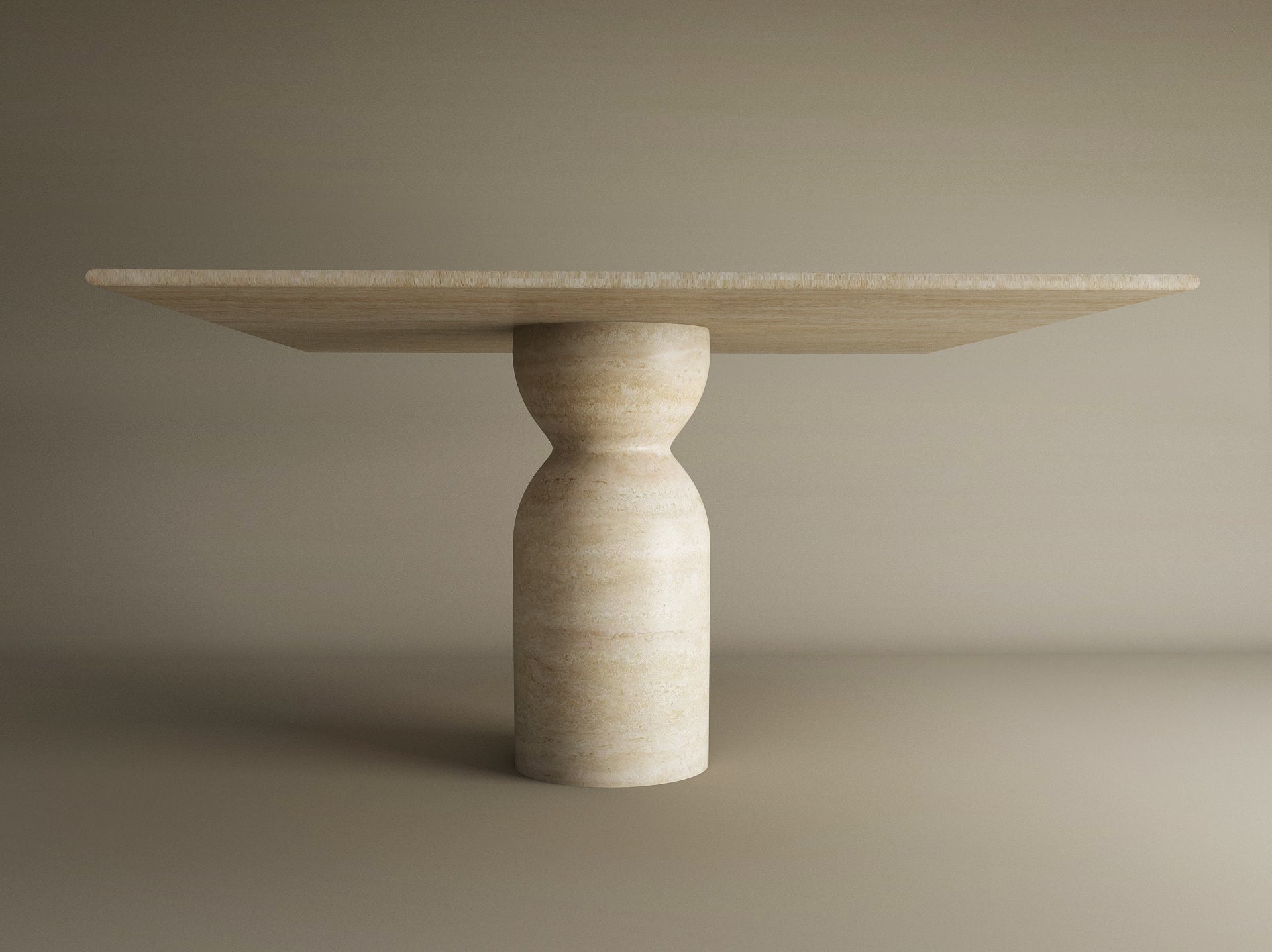 Square Travertine Dining Table with Sculptural Round Center Base
