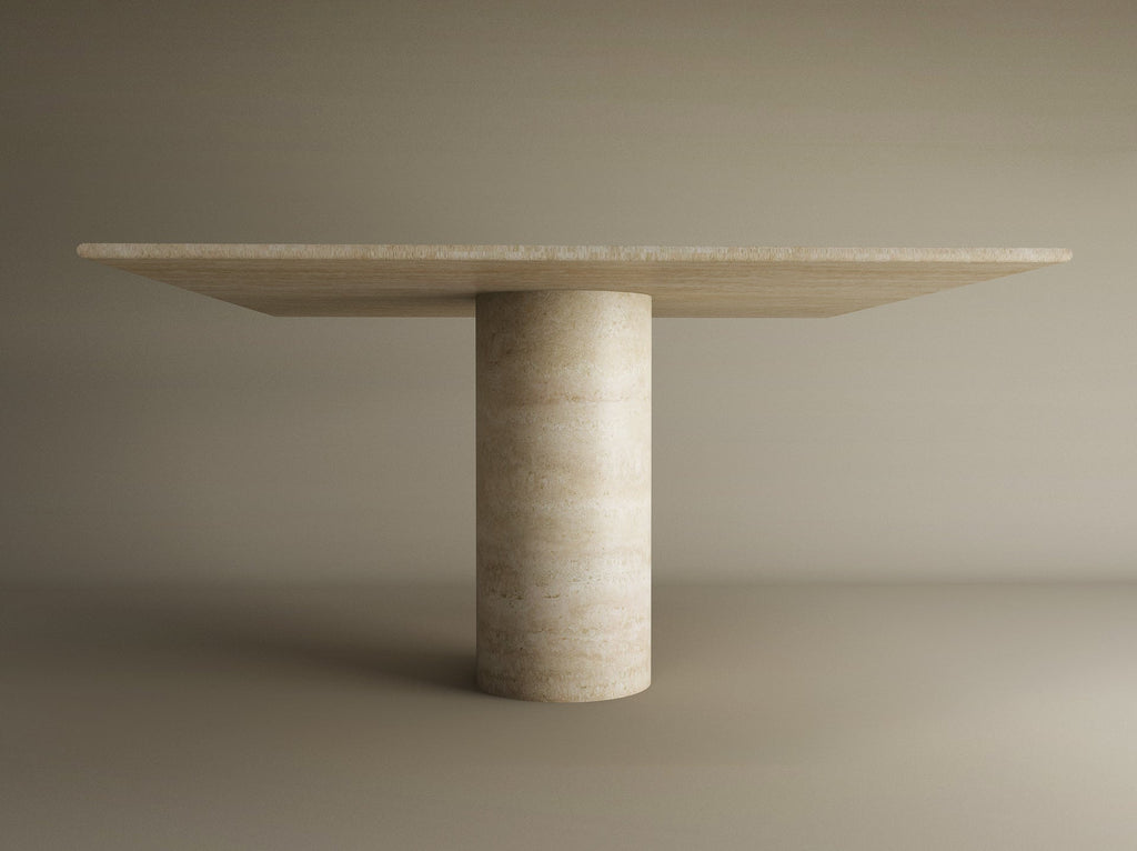 Square Travertine Dining Table with Cylindrical Center Base