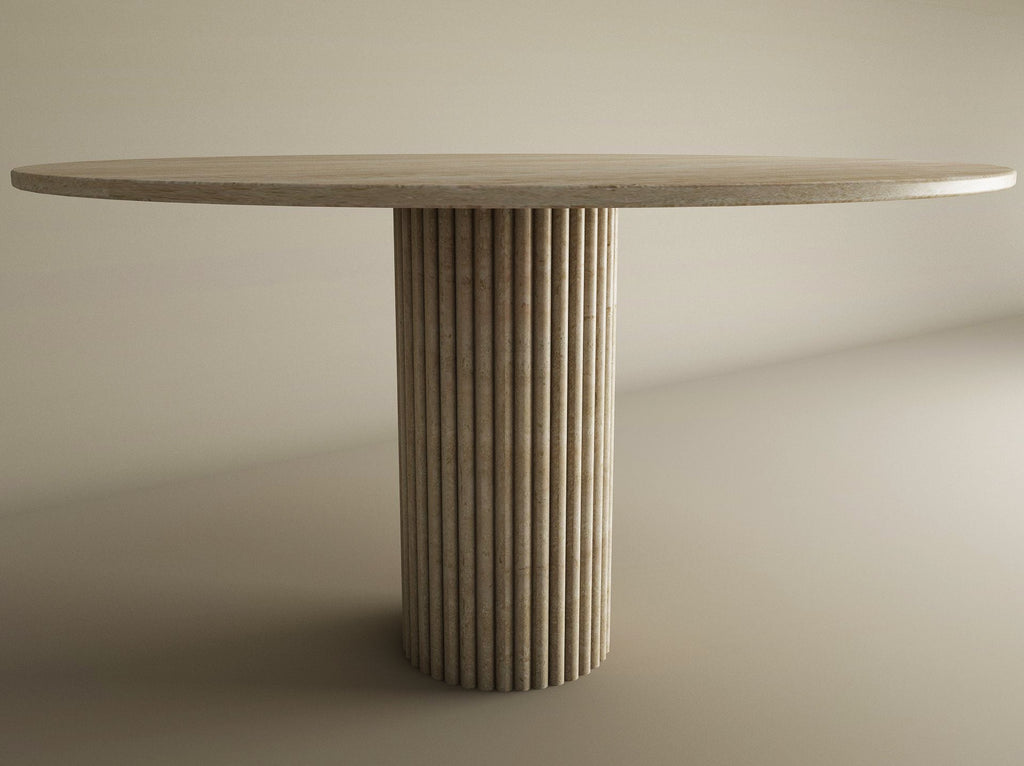 Round Travertine Dining Table with Fluted Round Center Base – Solid Travertine Stone – Customizable Dining Table
