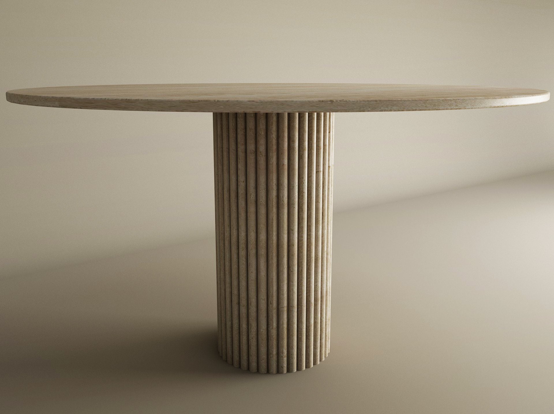 Round Travertine Dining Table with Fluted Round Center Base – Solid Travertine Stone – Customizable Dining Table