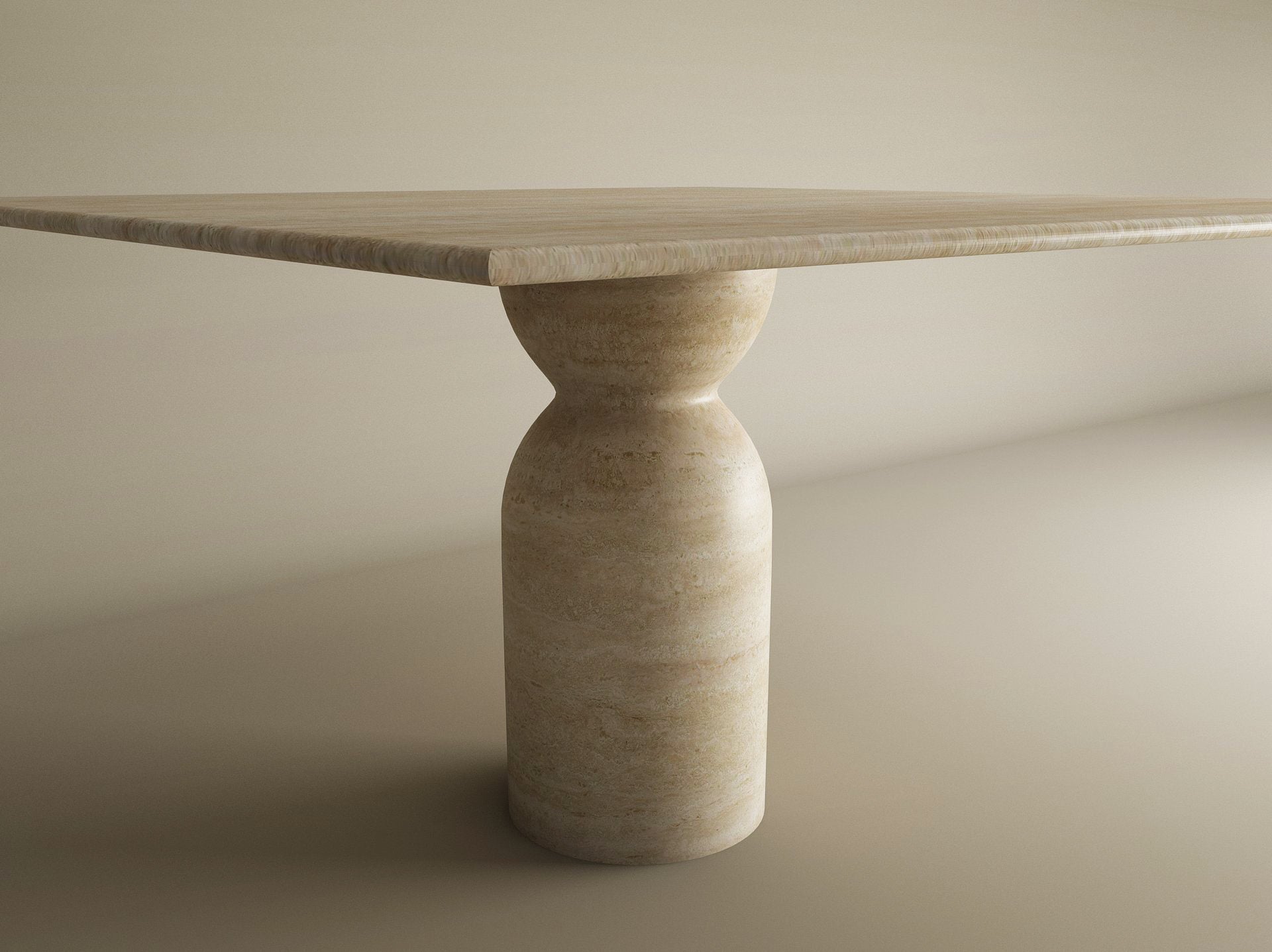 Square Travertine Dining Table with Sculptural Round Center Base