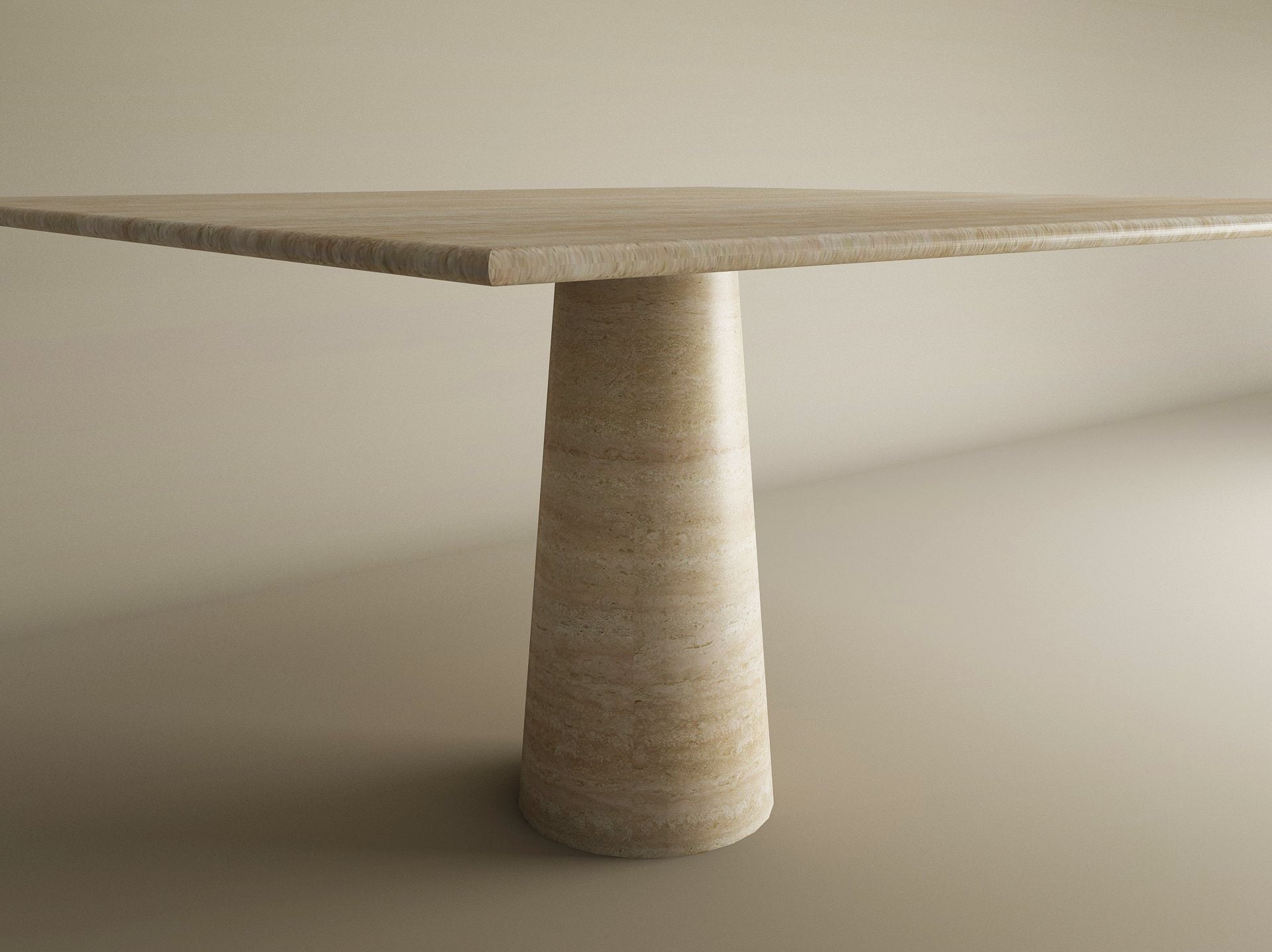 Square Travertine Dining Table with Conical Pedestal Base
