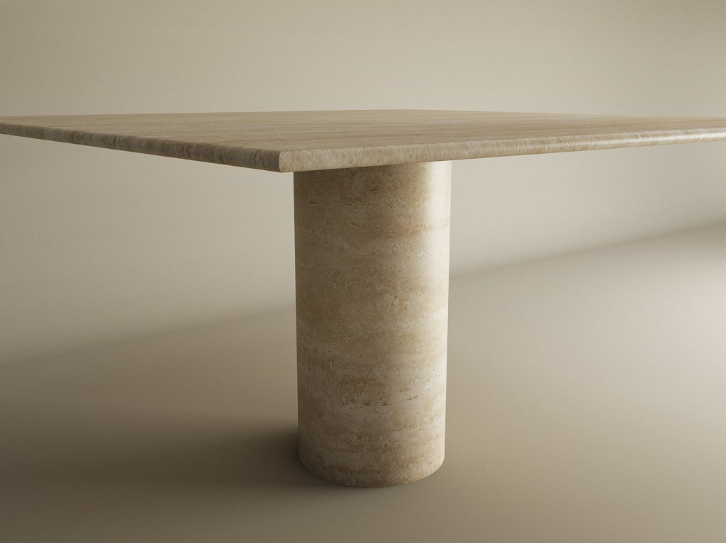 Square Travertine Dining Table with Cylindrical Center Base