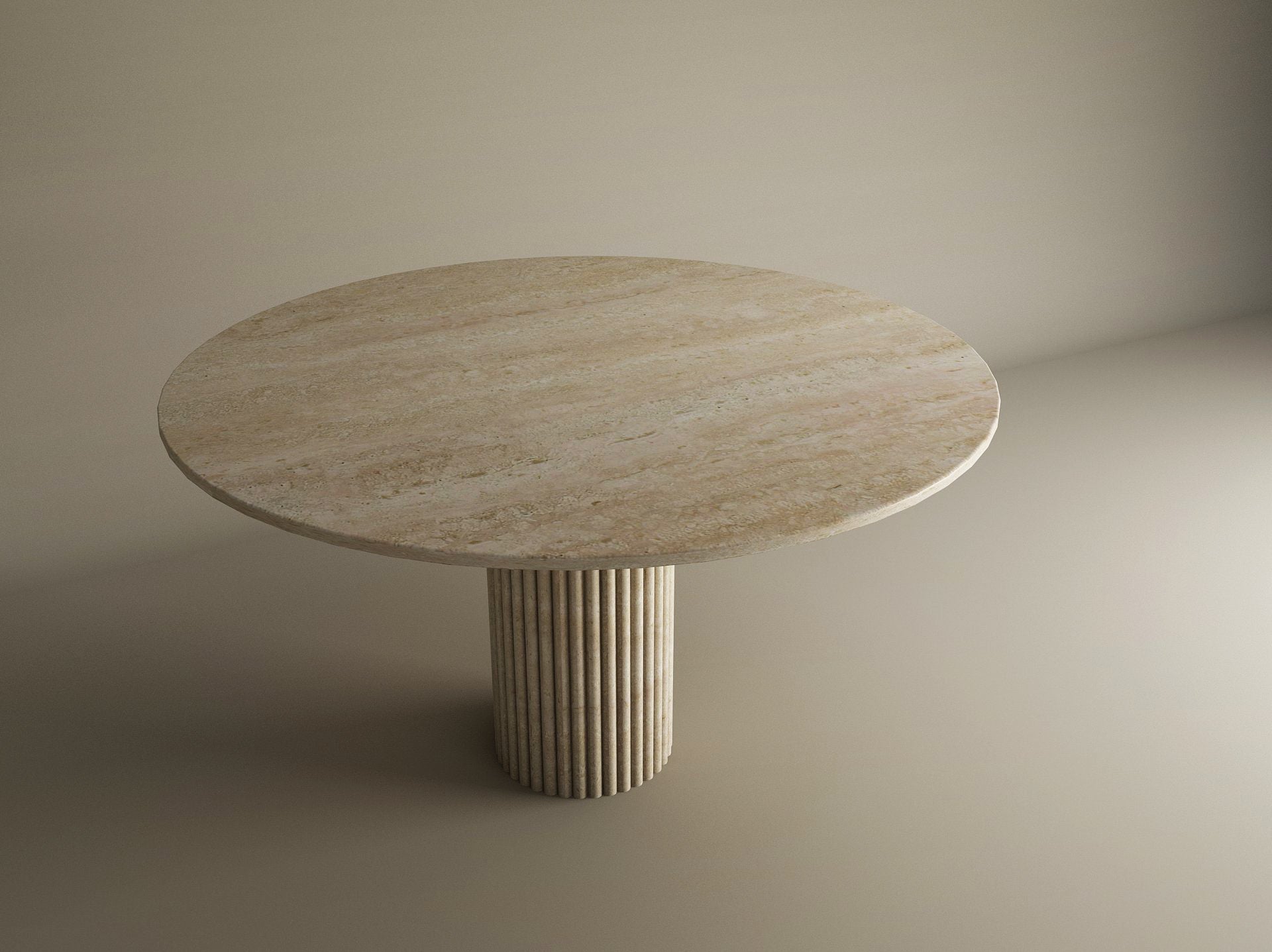 Round Travertine Dining Table with Fluted Round Center Base – Solid Travertine Stone – Customizable Dining Table