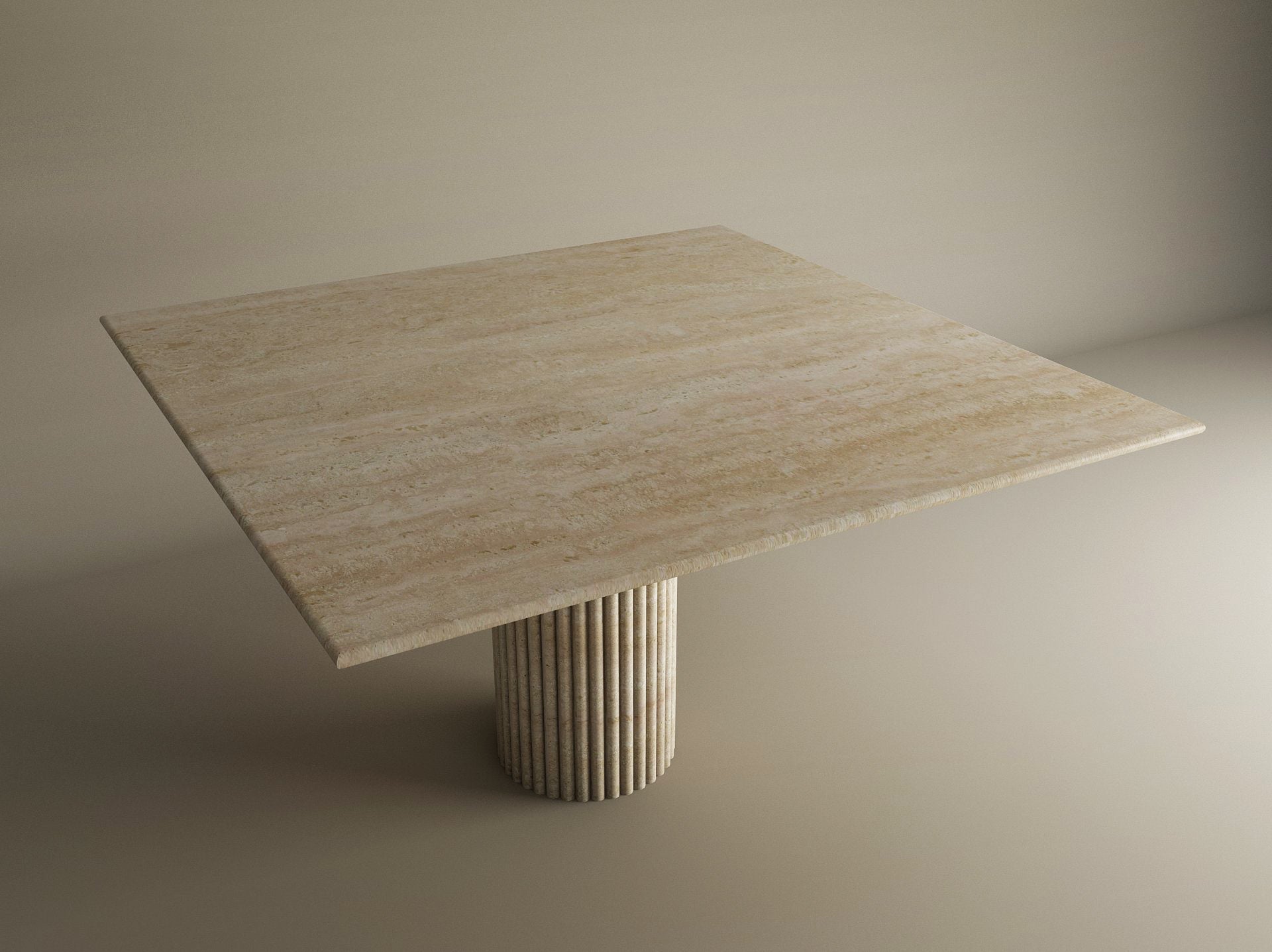 Square Travertine Dining Table with Fluted Round Center Base