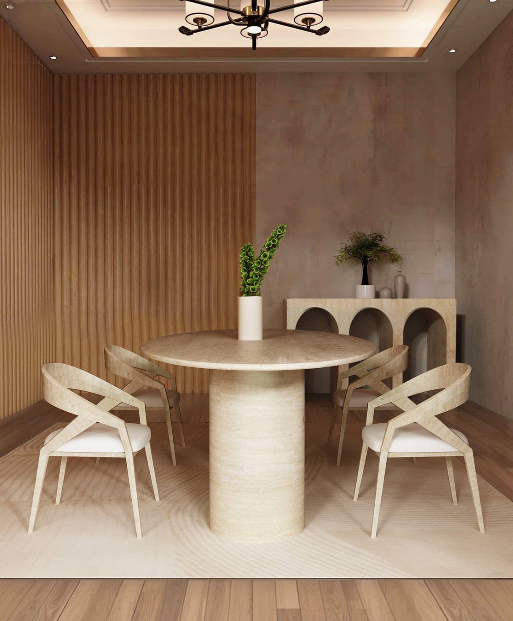 Ellips Travertine Dining Table with Sloped Pedestal Base