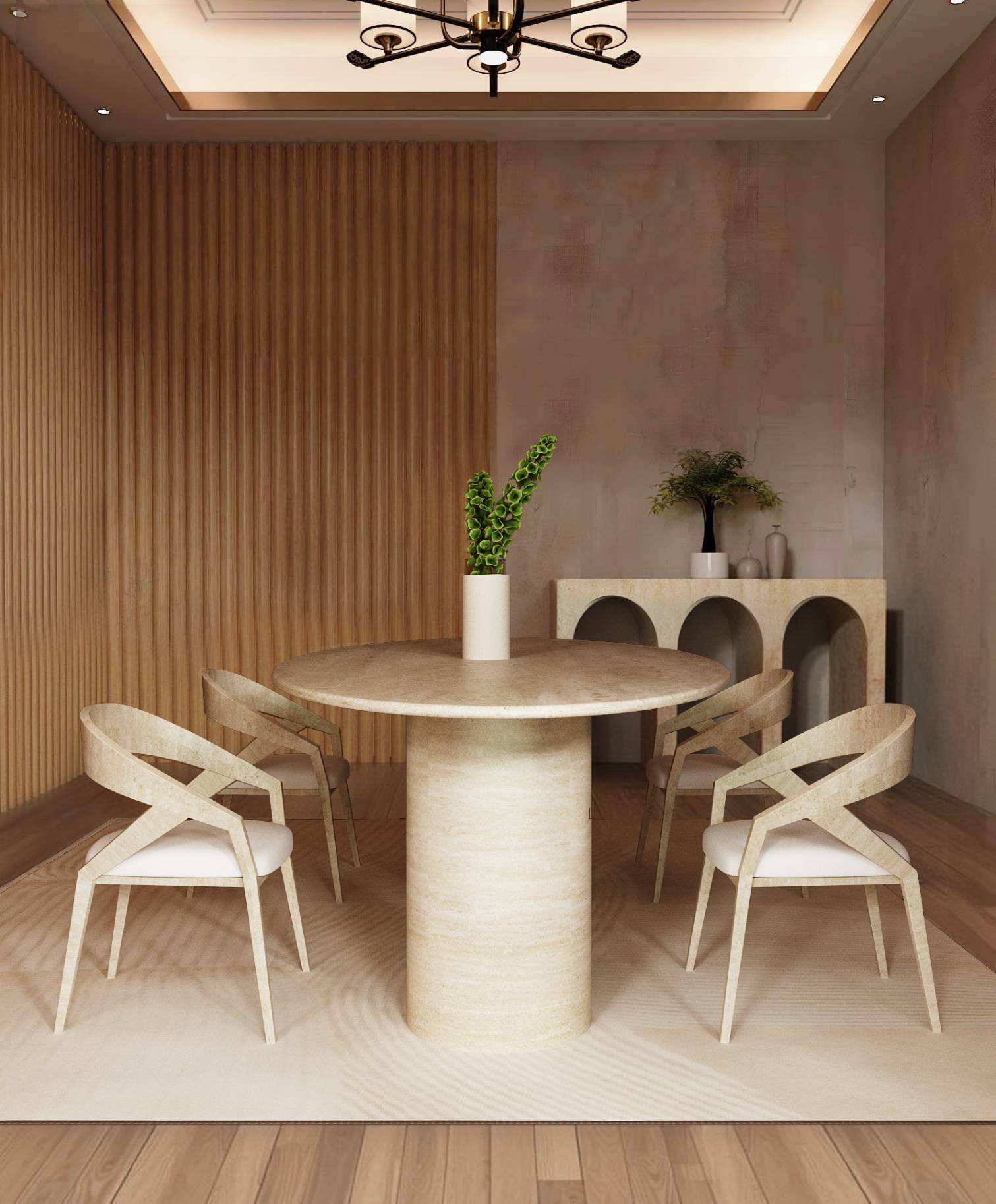 Ellips Travertine Dining Table with Sloped Pedestal Base