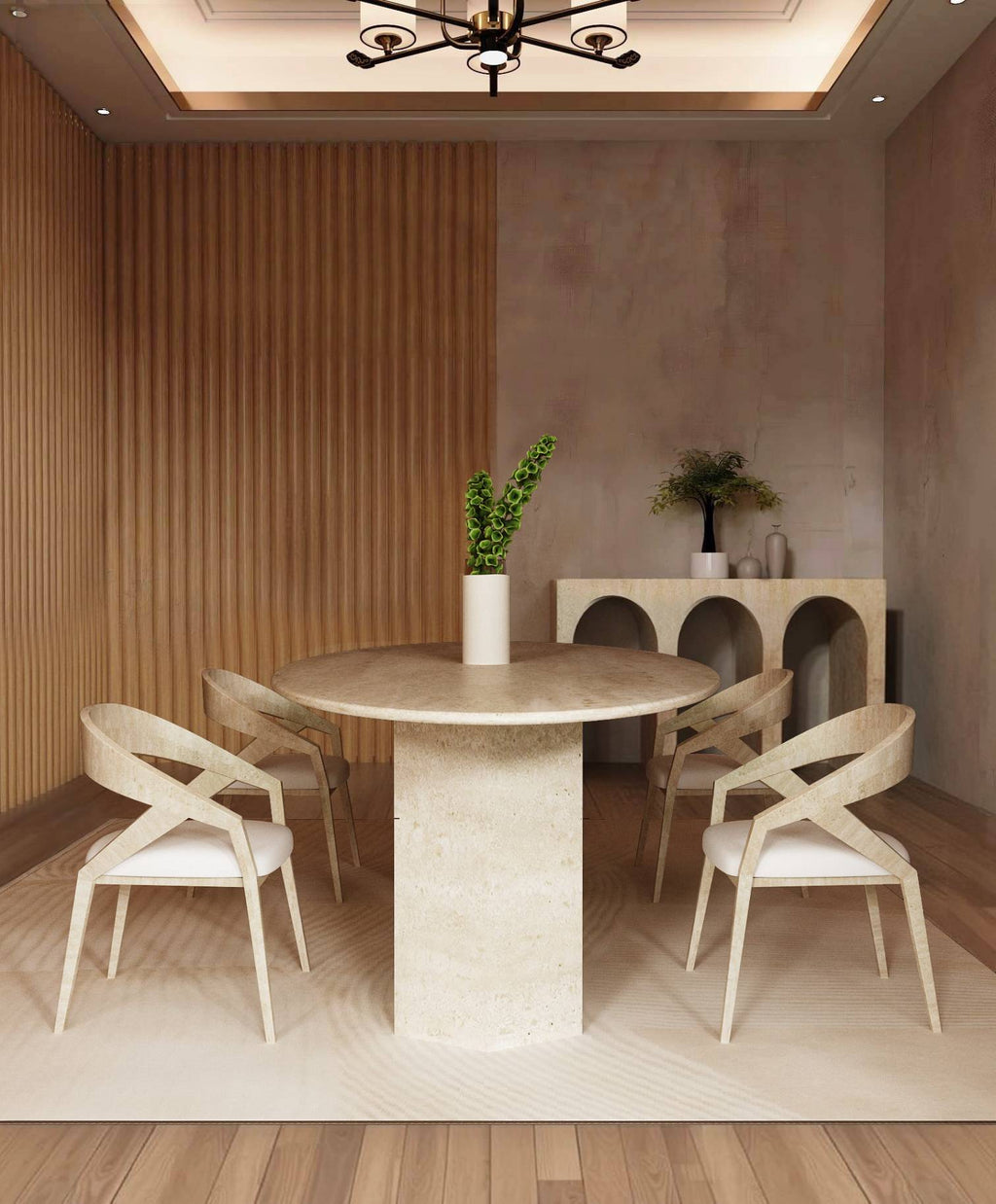 Ellips Travertine Dining Table with Hexagonal Pedestal Base