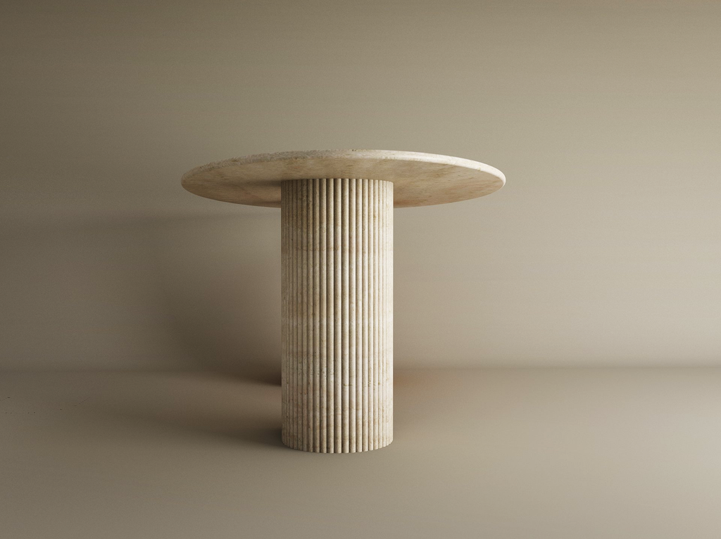 Ellips Travertine Dining Table with Fluted Round Base