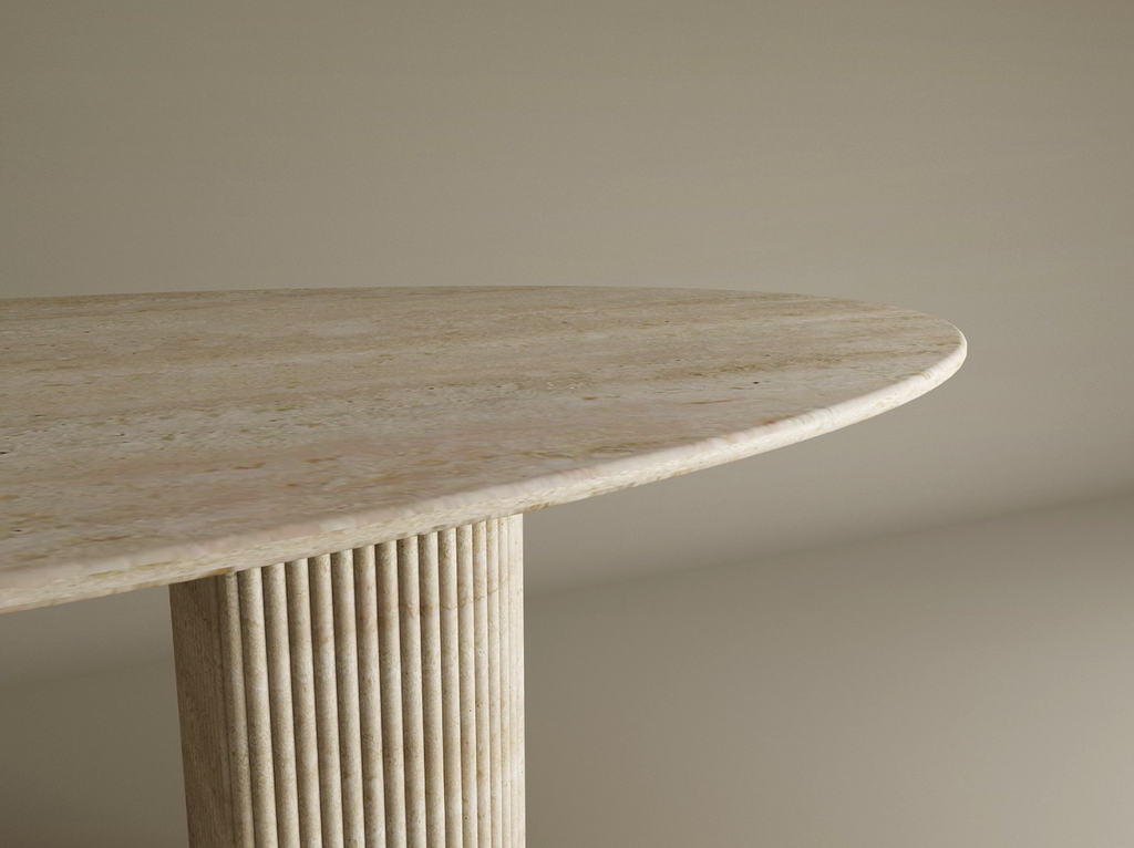 Ellips Travertine Dining Table with Fluted Round Base