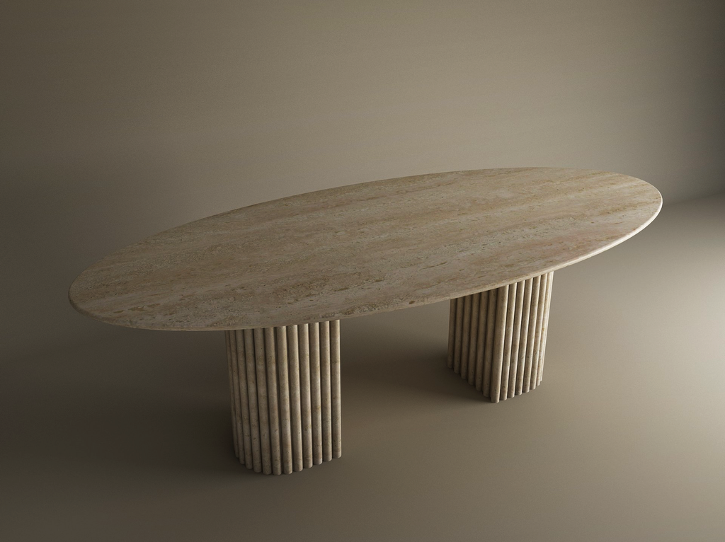 Ellips Travertine Dining Table with Fluted Round Base
