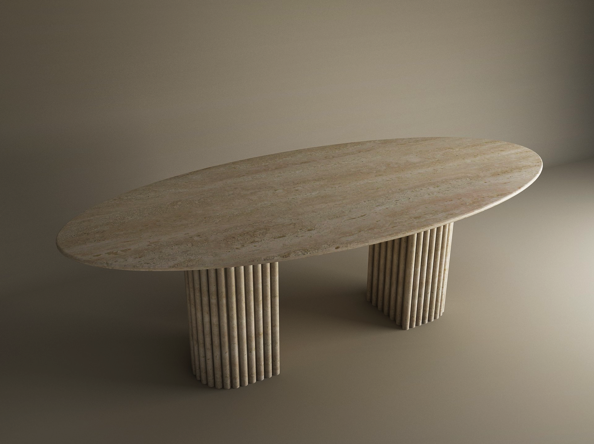 Ellips Travertine Dining Table with Fluted Round Base