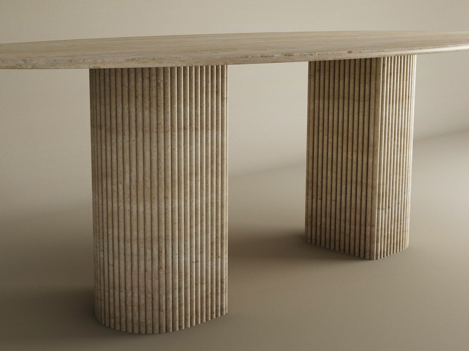 Ellips Travertine Dining Table with Fluted Round Base