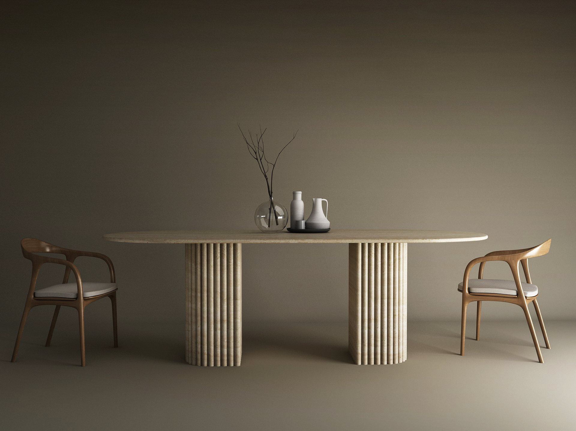 Oval Travertine Dining Table with Fluted Round Base