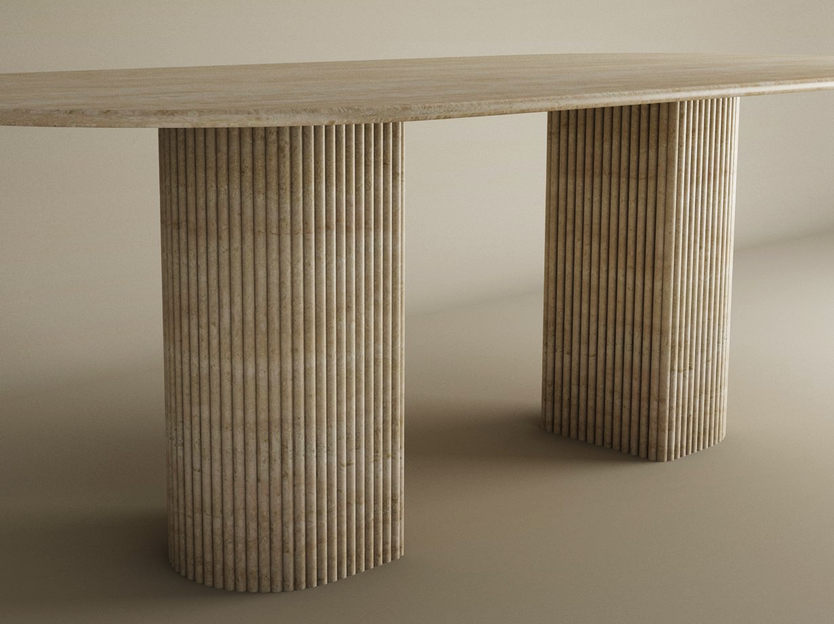 Oval Travertine Dining Table with Fluted Round Base