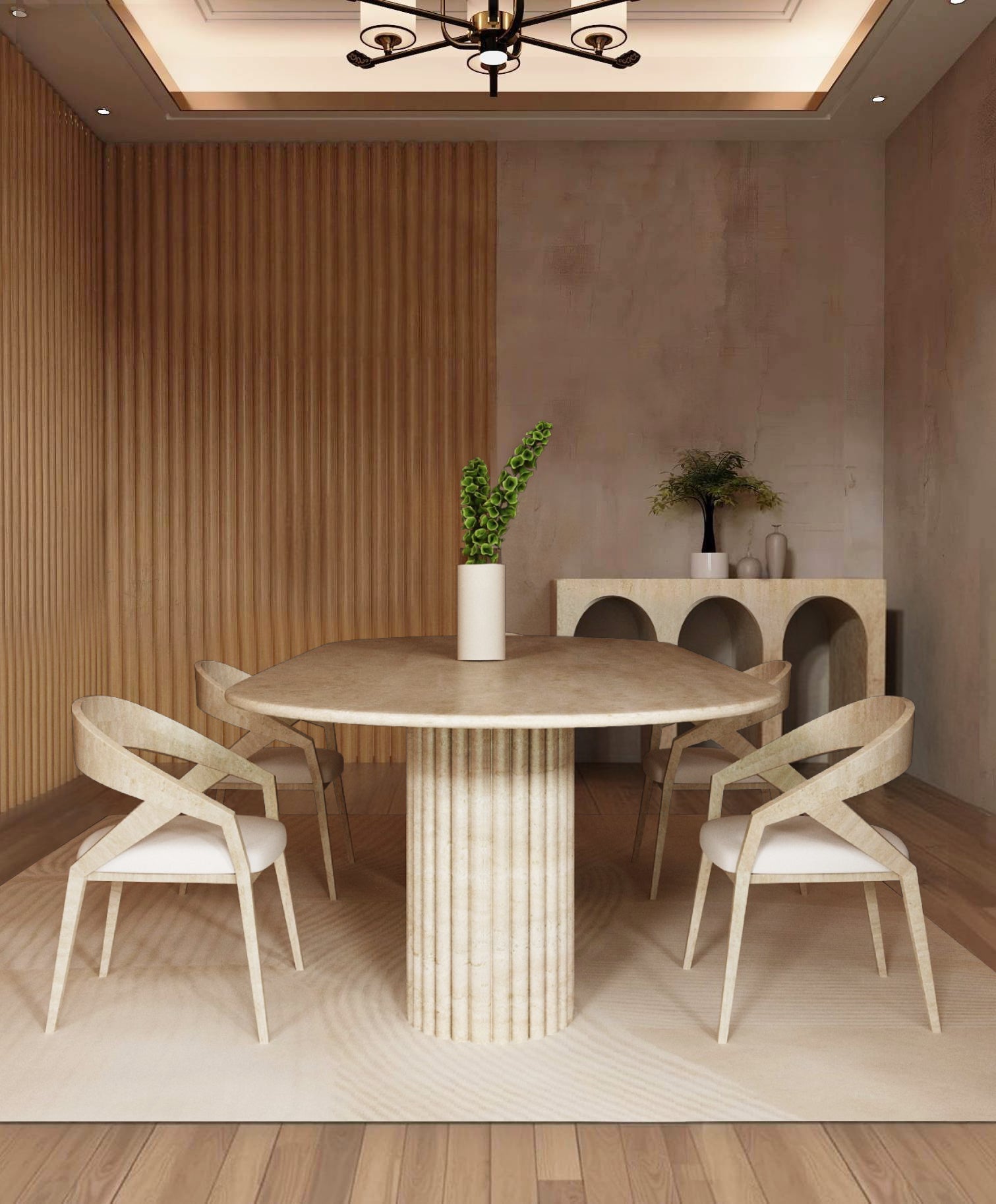 Oval Travertine Dining Table with Fluted Round Base