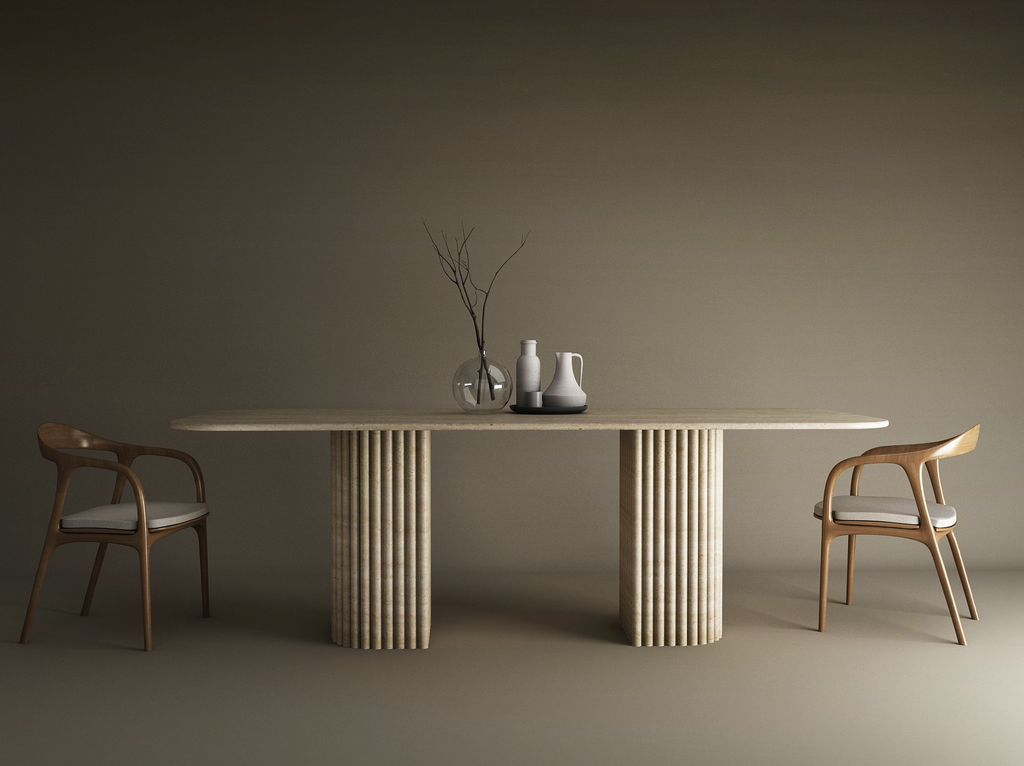 Rectangular Travertine Dining Table with Fluted Round Base