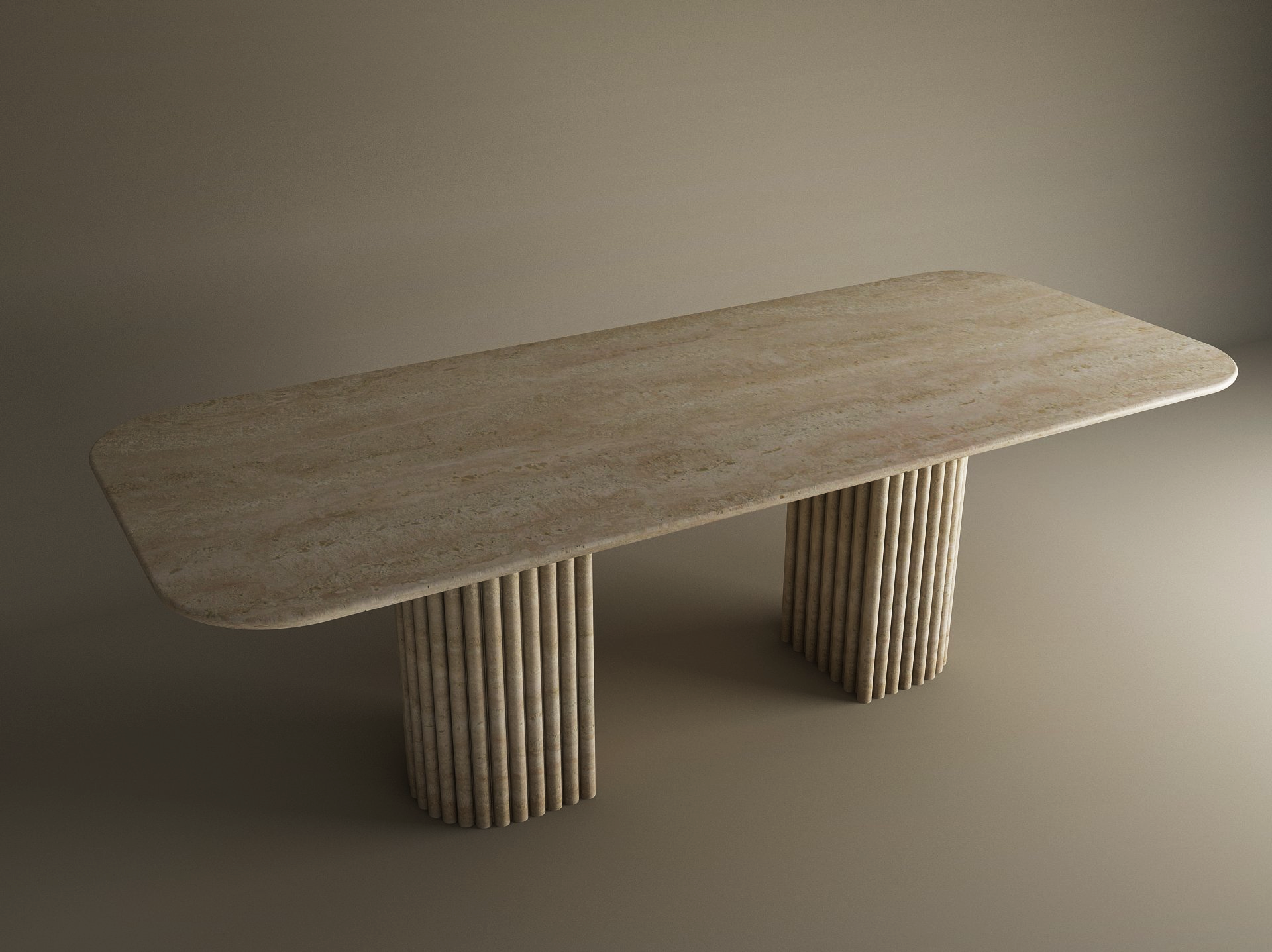 Rectangular Travertine Dining Table with Fluted Round Base
