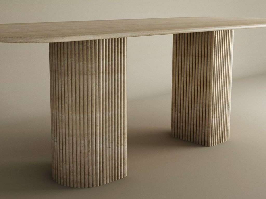 Rectangular Travertine Dining Table with Fluted Round Base