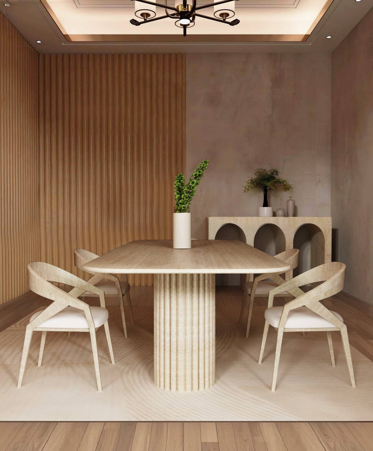 Rectangular Travertine Dining Table with Fluted Round Base