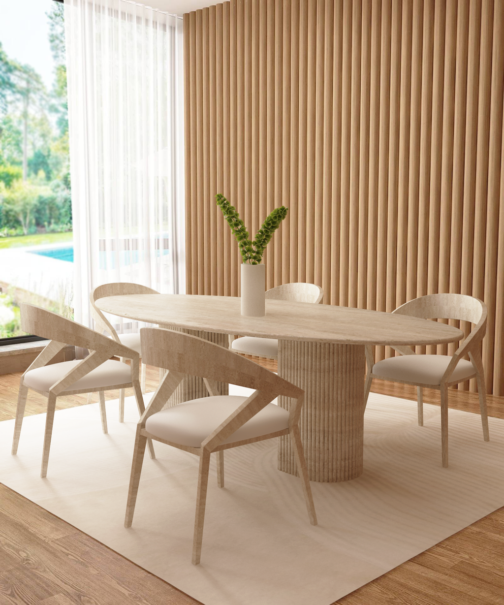 Ellips Travertine Dining Table with Fluted Round Base